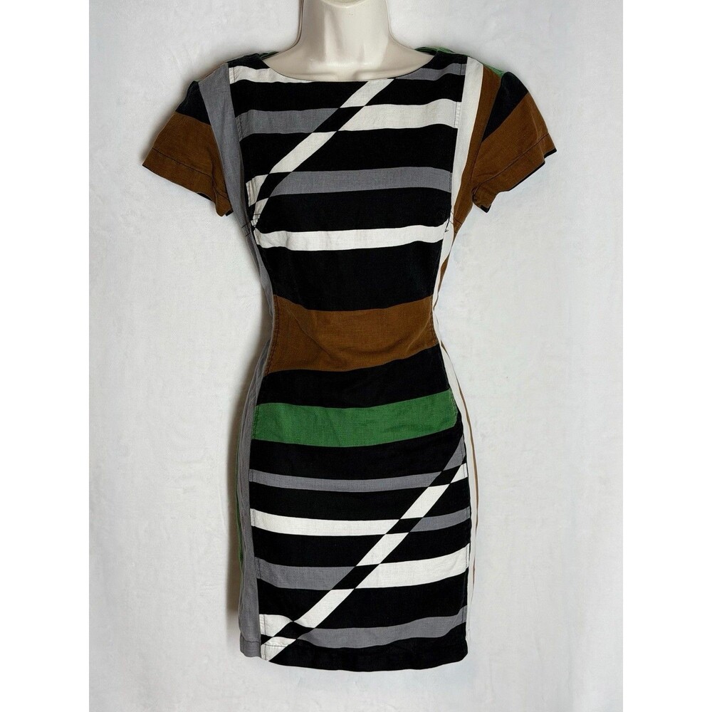 Derek Lam Rio Linen mini Dress 2 Colorblock Striped Sheath Brown Green black